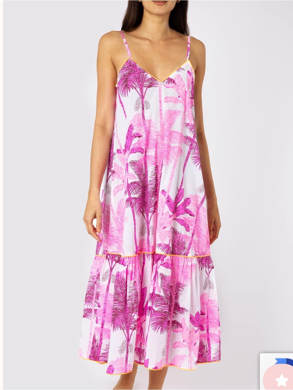 Juliet Dunn Pink Palm-Print Tiered Dress with Neon Trim